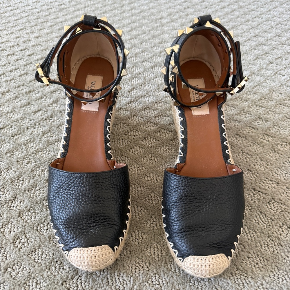 Valentino Black Leather Espadrille Ankle-Strap Flats with Gold Studs